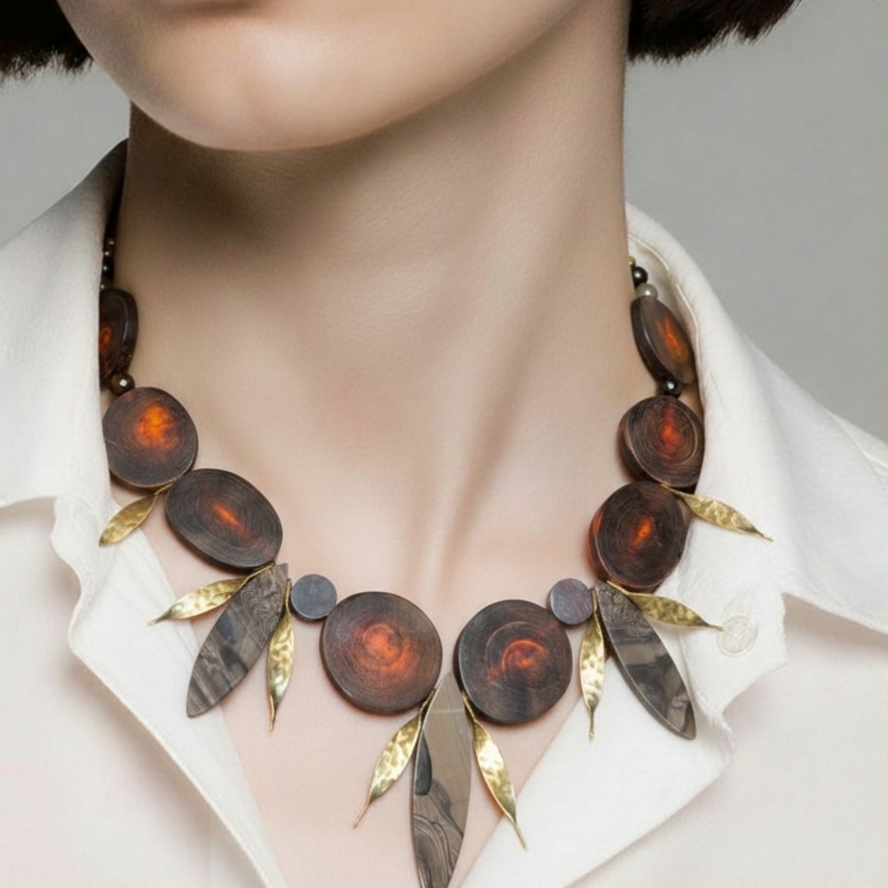 Elegant Stone And Horn and Brass Statement Necklace